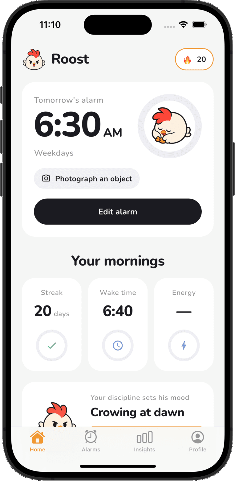 Screenshot of the Roost app home screen, showing tomorrow's 6:30 AM alarm and a 20-day streak